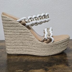 SCHUTZ Juliet White Gold Woven Leather Platform Espadrille Wedge Sandal 10 B